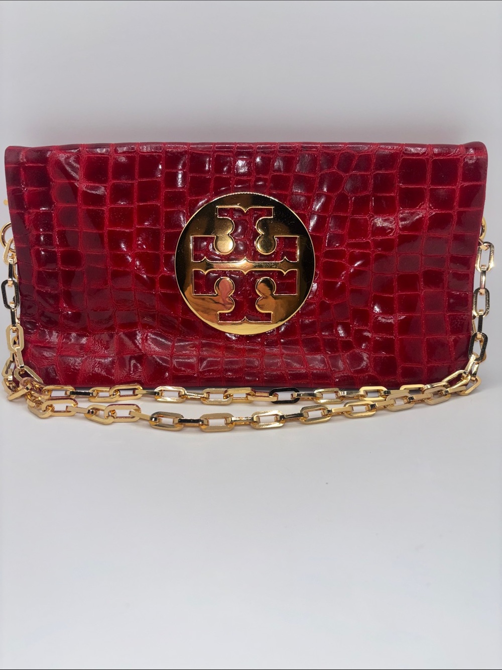 Tory Burch Garnet Red Croc-Embossed Chain Clutch